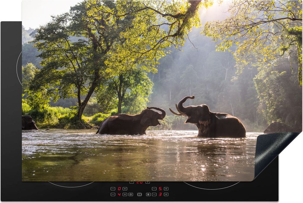KitchenYeah Herdabdeckplatte Elefant - Wasser - Tiere - Bäume - Sonne , 81x52cm, Küche Deko, Glaskeramikkochfeld Herdabdeckung, Abdeckplatte f...