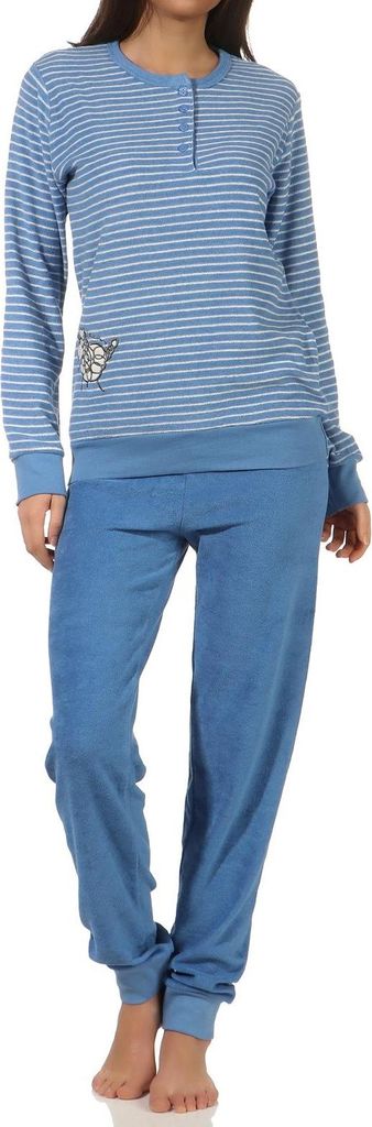 Damen Frottee Pyjama Schlafanzug mit Bündchen und süsser Tier Applikation - 202 201 13 112 ; hellblau , 48/50