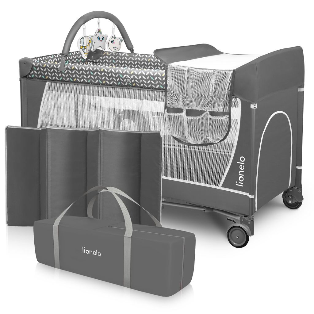 Lionelo Flower Reisebett Baby Laufstall Baby mit Seiteneingang Wickeltisch zwei Matratzenaufhängungshöhen Spielzeugbogen mit Spielfiguren Rollen ...