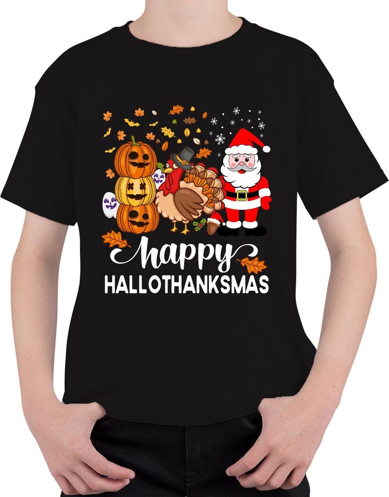 Happy Hallothanksmas Halloween Thanksgiving Turkey Santa Uni Kinder T-Shirt, Schwarz, 128