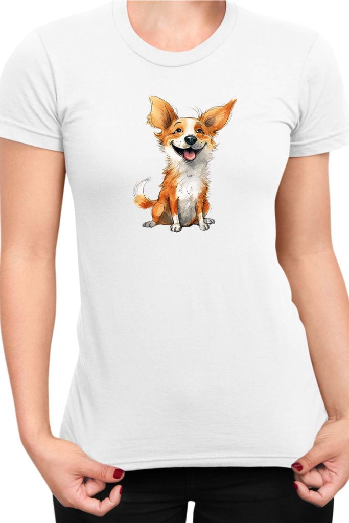 Damen T-Shirt Funny Dogs Breeds Corgi Dog Breed, Lady L / Weiß
