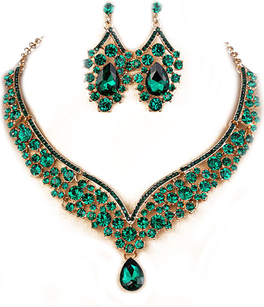 1 Set Braut Ohrringe Halskette Wassertropfenförmige Strasssteine Schmuck Geometrisch Verstellbares Schmuckset für Hochzeit-Grün