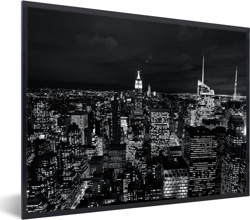MuchoWow Gerahmtes Poster Skyline - Schwarz - Weiß - New York - Amerika 80x60 cm - Poster mit Schwarzem Bilderrahmen Wandposter Rahmen Foto Bild...