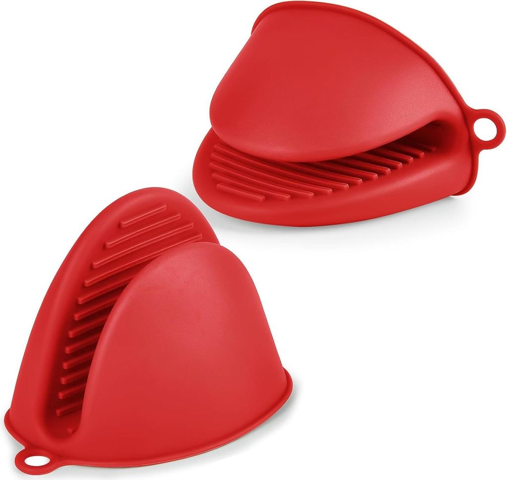 Hitzebeständige Silikon-Ofenhandschuhe, Paar, rot, rutschfest, sicher für die Verwendung auf Öfen, Grills und beim Kochen.