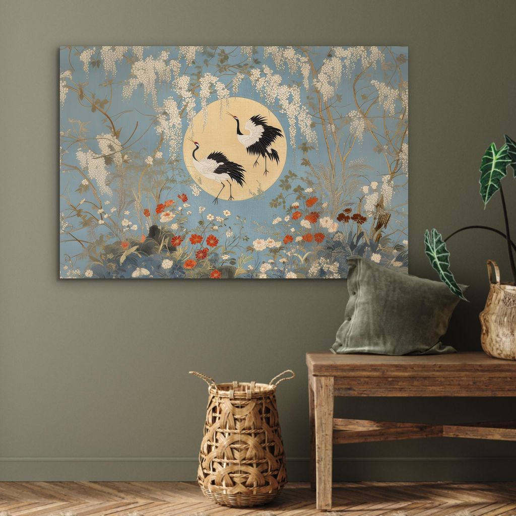 MuchoWow Wanddekoration Metall Metallbild Wandkunst 90x60 cm Kraniche - Mond - Blumen - Blau MuchoWow Aluminium Gemälde - Wandbilder
