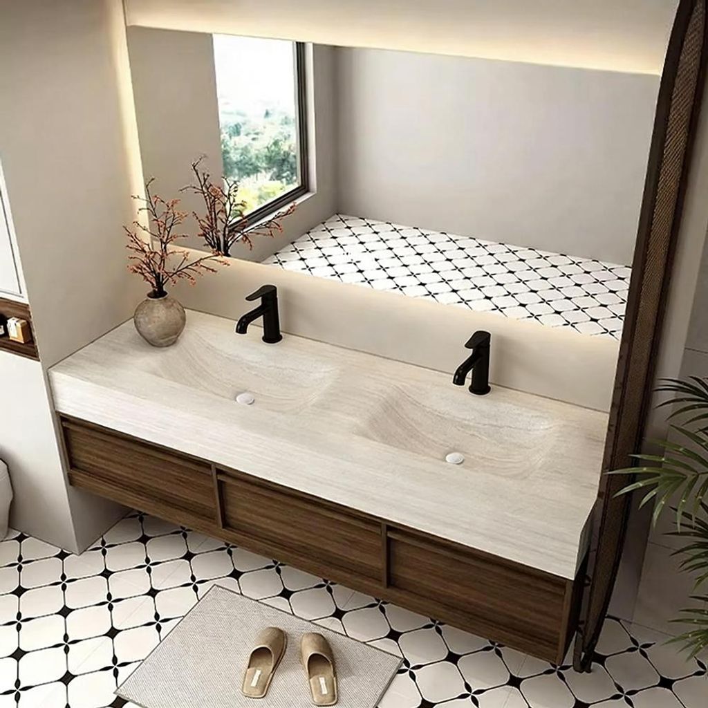 Wandhängendes Badmöbel-Set Travertin-Look mit Sinterstein Doppelwaschbecken Spiegel Unterschrank 2 Armaturbohrungen 140 × 55 cm【RW3318-140 K】