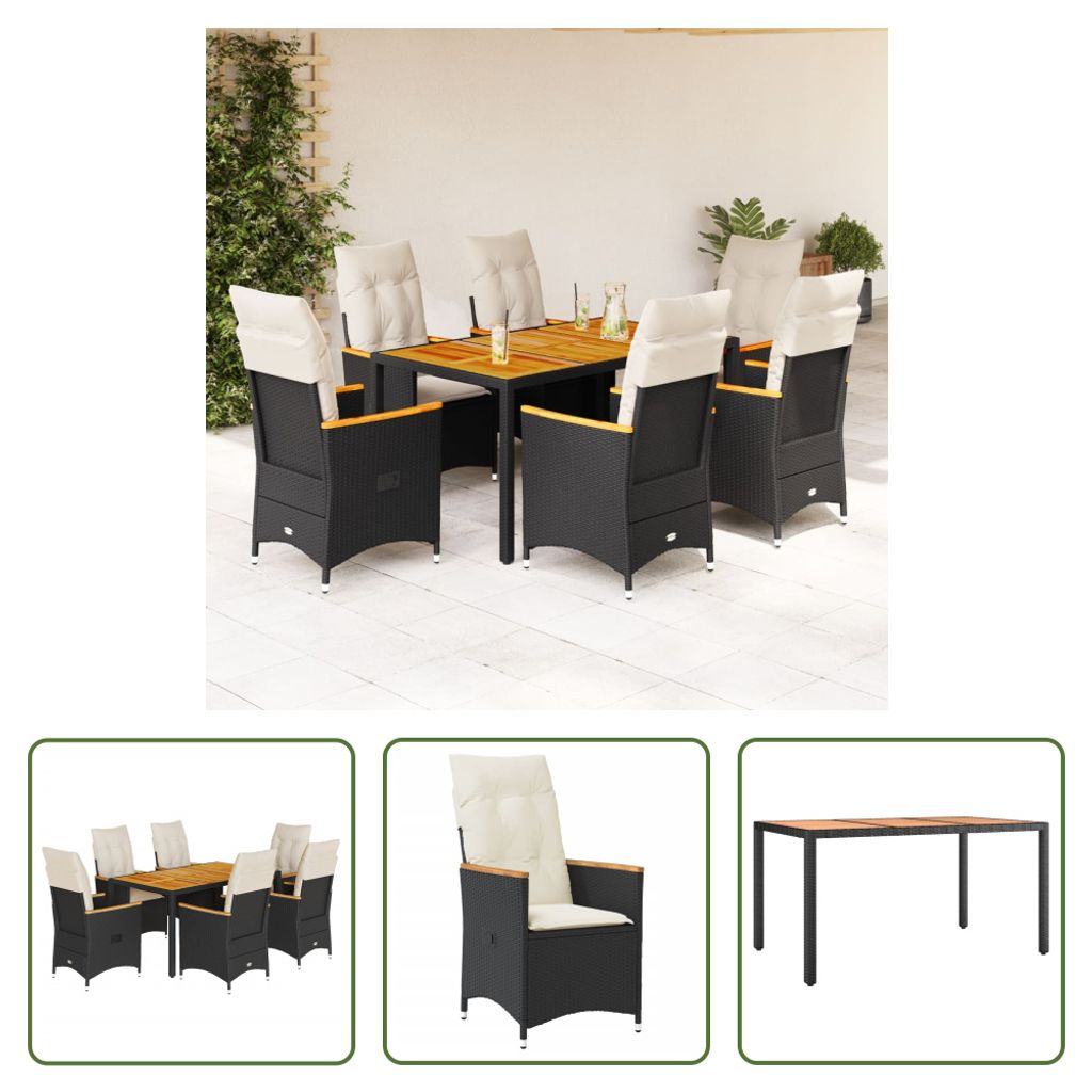 The Living Store 7-tlg. Garten-Essgruppe mit Kissen Schwarz Poly Rattan