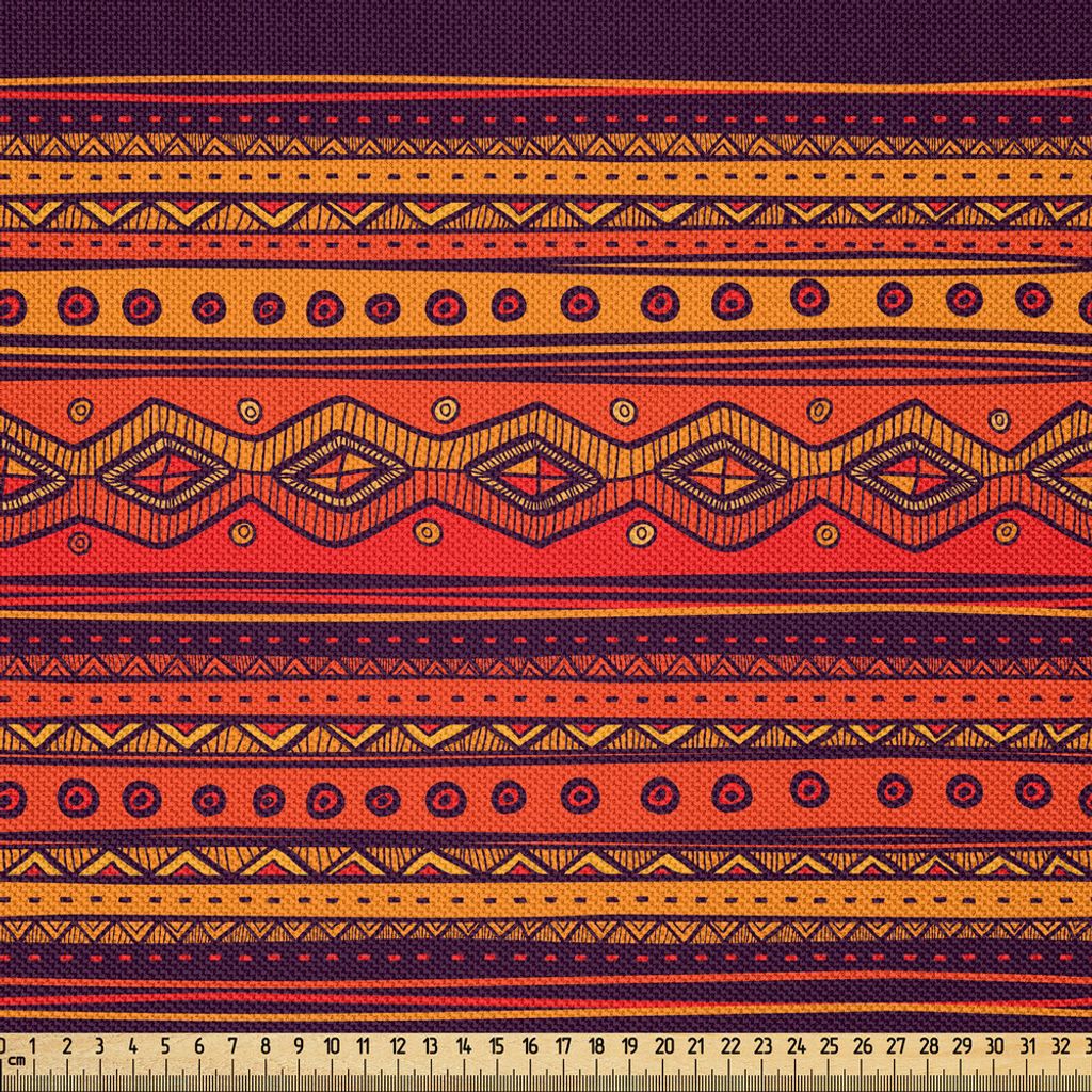 ABAKUHAUS Orange Satin Stoff als Meterware, Abstrakte Hand Gezeichnete Ethno Stammes Muster, 10 M (148 x 1000 cm), Orange Rot Plum