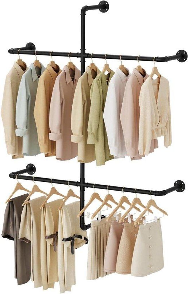 Industrielle Kleiderstange mit Sockelleiste für Wandmontage - Metalljassenrek für Schlafzimmer - Schwarz mit offenem Kapstok