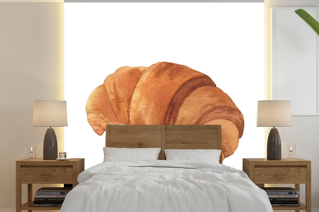 MuchoWow Fototapete für Wohnzimmer oder Schlafzimmer Wandtapete Vinyl Motivtapete Aquarell - Croissant - Lebensmittel - 220x220 cm - Tapeten