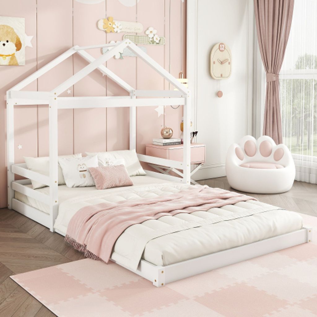 okwish Kinderbett Bodenbett in Hausform 140×200 cm mit Lattenrost, Holzbett Jugendbett für Jungen und Mädchen(Ohne Matratze), Weiß