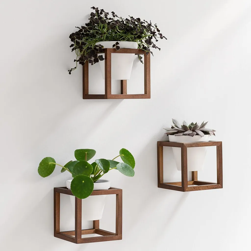 Pot de fleurs suspendu en bois pour gagner de l'espace, lot de 2 marron