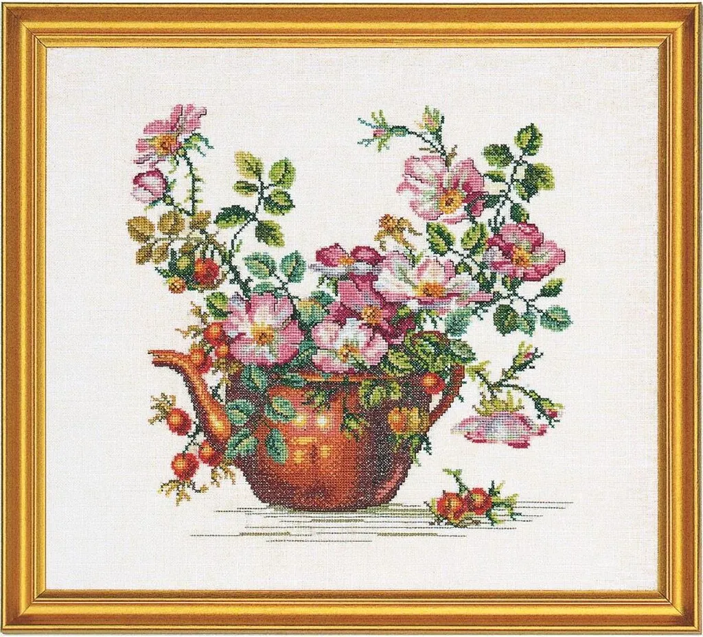 Décoration Murale DIY Kit Point de Croix Roses et Pot Cuivre 40x50cm