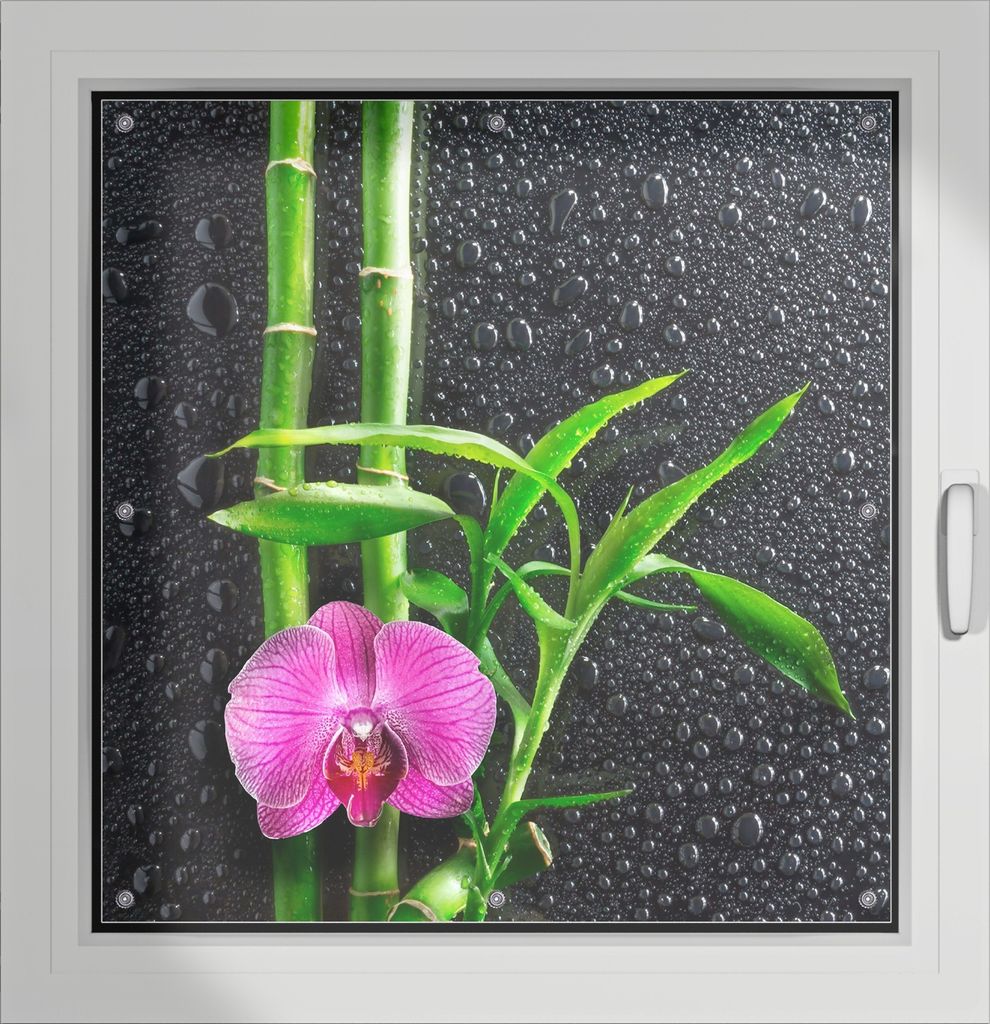 Wallario Lichtschutzbild, Dekorativer Sichtschutz Sonnenschutz 96 x 93 cm mit Motiv: Bambus und pinke Orchidee auf schwarzem Glas mit Regentropfen ...