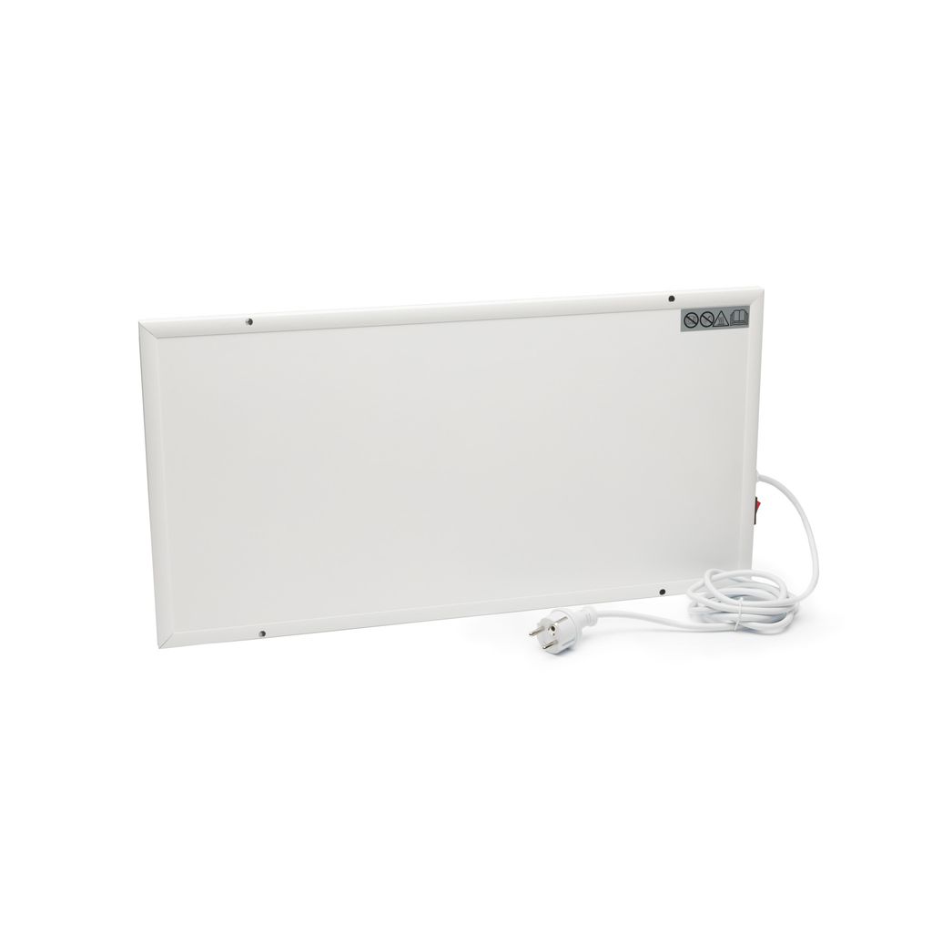 A white infrared panel heater with a white power cord and plug is shown against a white background.