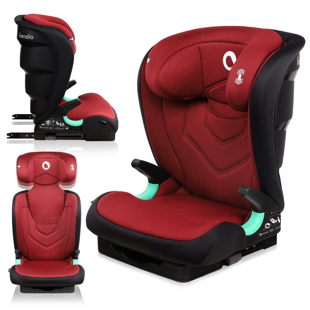 A collage of a red and black car seat from different angles.