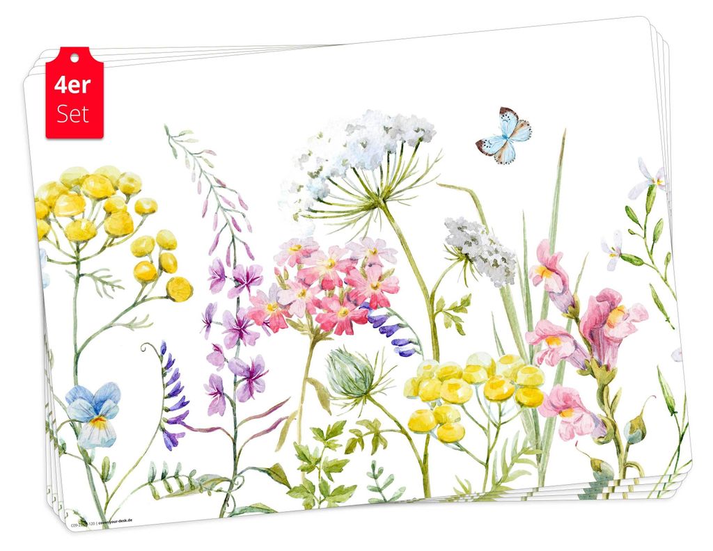 Tischsets | Platzsets abwaschbar – Blumenwiese Aquarell – aus Premium Vinyl (Kunststoff – BPA-frei) - 4 Stück - 44 x 32 cm - Germany