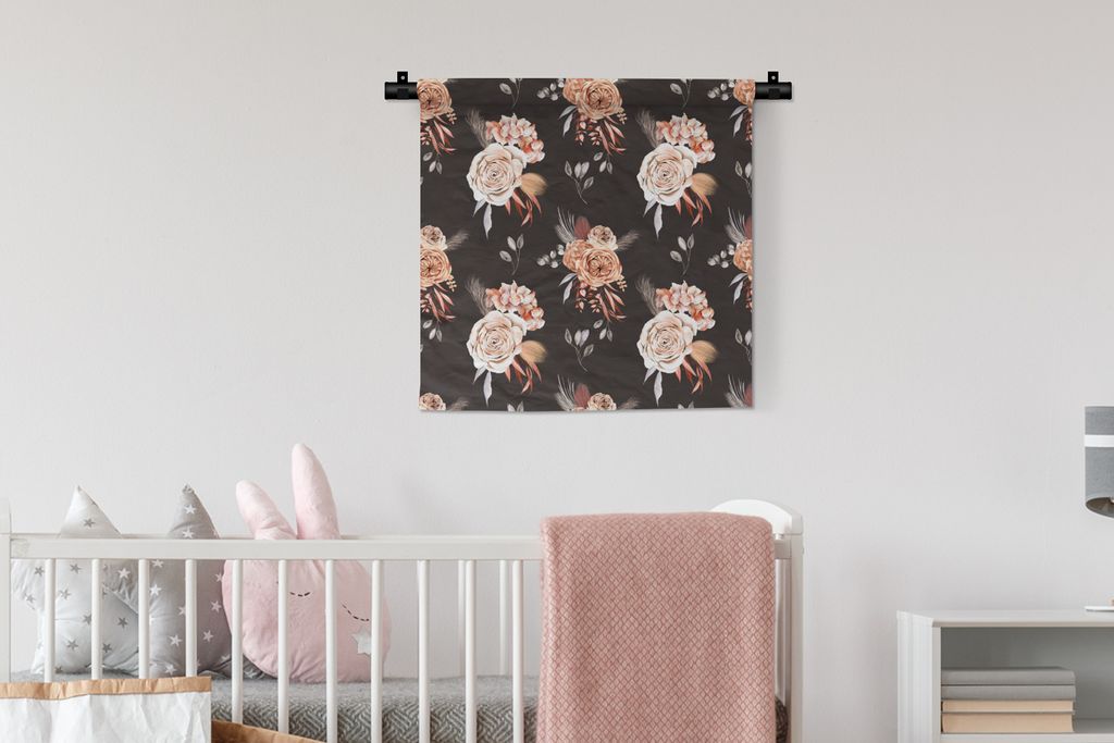 MuchoWow Wandteppich Wandbehang Blumen - Bohème Dekoration - Schwarz 60x60 cm Tapisserie Dekoration Wandtuch - Dekorationen - Wand Decke