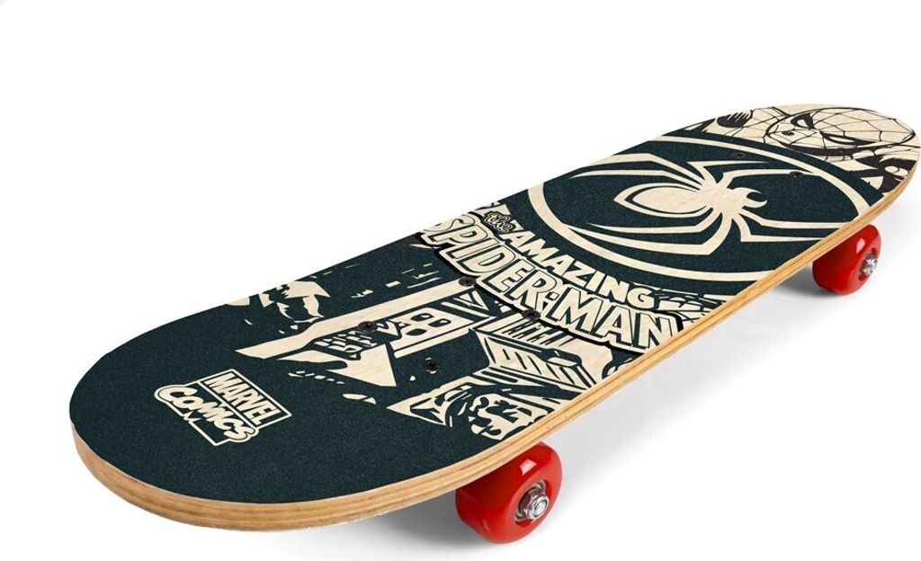 A skateboard with a Spider-Man design is shown against a white background.