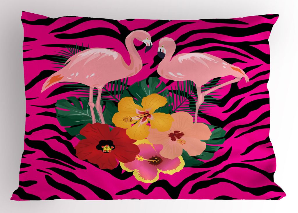 ABAKUHAUS rosa Zebra Kopfkissenbezug, Exotische Liebes-Rosa-Flamingos auf Hibiscus-Blumenstrauß Striped Hintergrund Boho-Grafik, 40x80 cm, Mehrfarbig