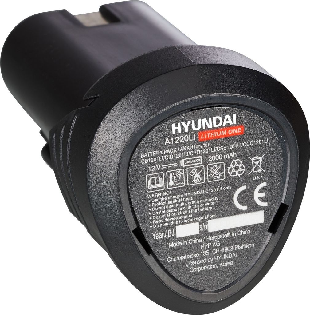 A black Hyundai battery pack is shown in a close-up shot against a light gray background.