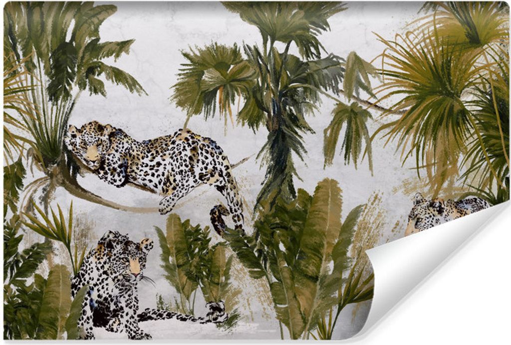 Muralo Vlies Fototapete JAGUARE tropische Pflanzen Dschungel Beton Br. 135cm x Hö. 90cm