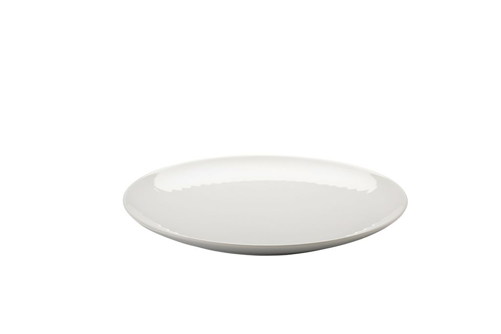 A single white plate is shown from a side angle against a white background.