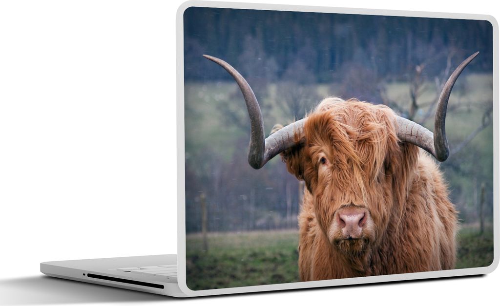 MuchoWow Laptop Aufkleber Sticker Cover Schottisches Hochlandrind - Kuhkopf - Landschaft - Natur - Kuh 32.5x23.5 cm - Sticker für Laptop - Selbs...