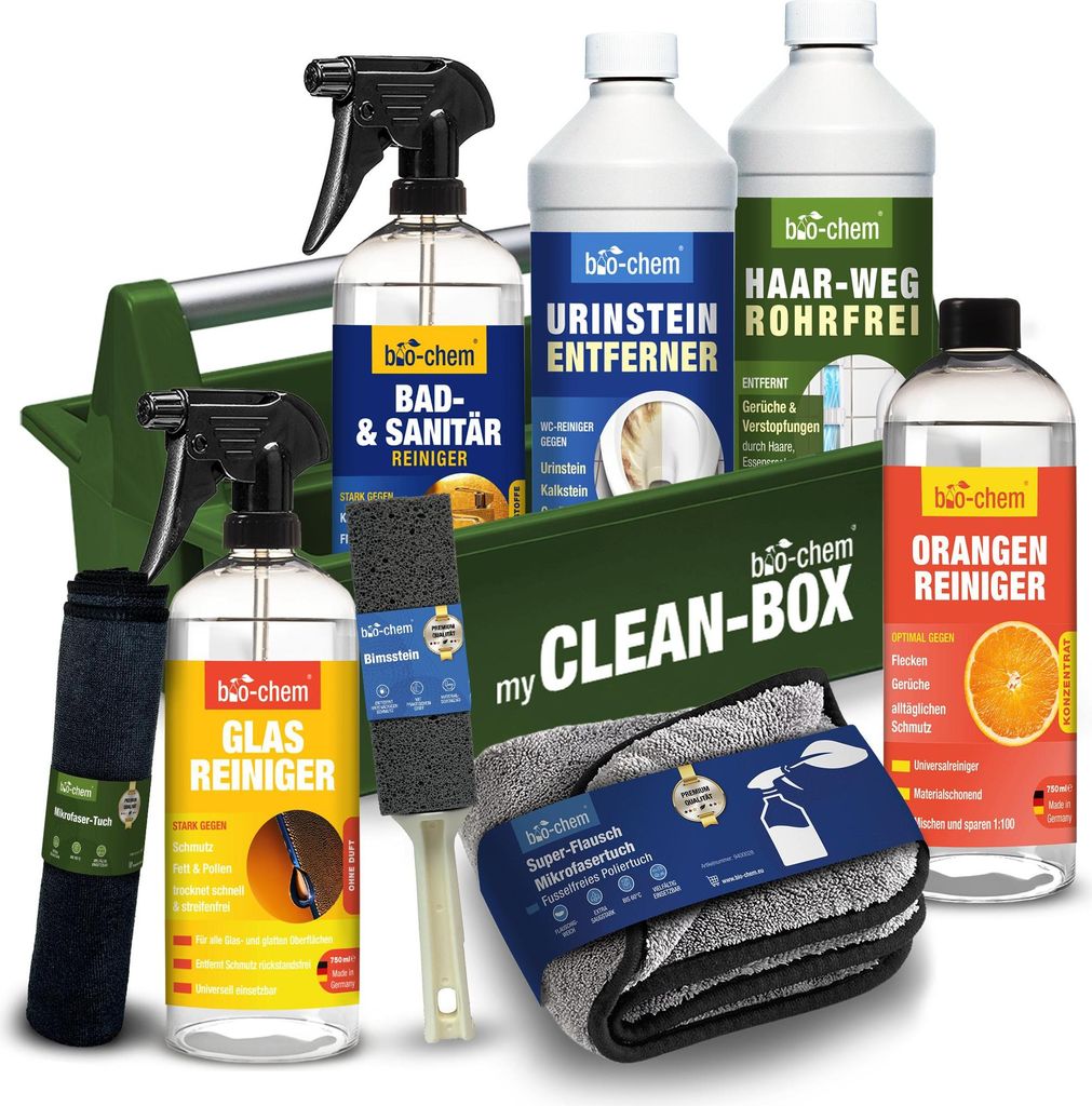 bio-chem Badreiniger PREMIUM Set 9-teilig - Haar-Weg Abflussreiniger, Urinsteinentferner, Bad- und Sanitärreiniger, Glasreiniger, Orangenreiniger,...