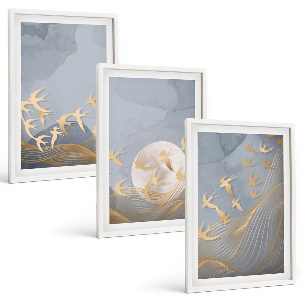 Bilder Set 3-teilig im weißen Rahmen – Wandbilder 3 Stück – gerahmte Poster für Wohnzimmer, Schlafzimmer und Flur – 40x60 cm – Vögel, d...