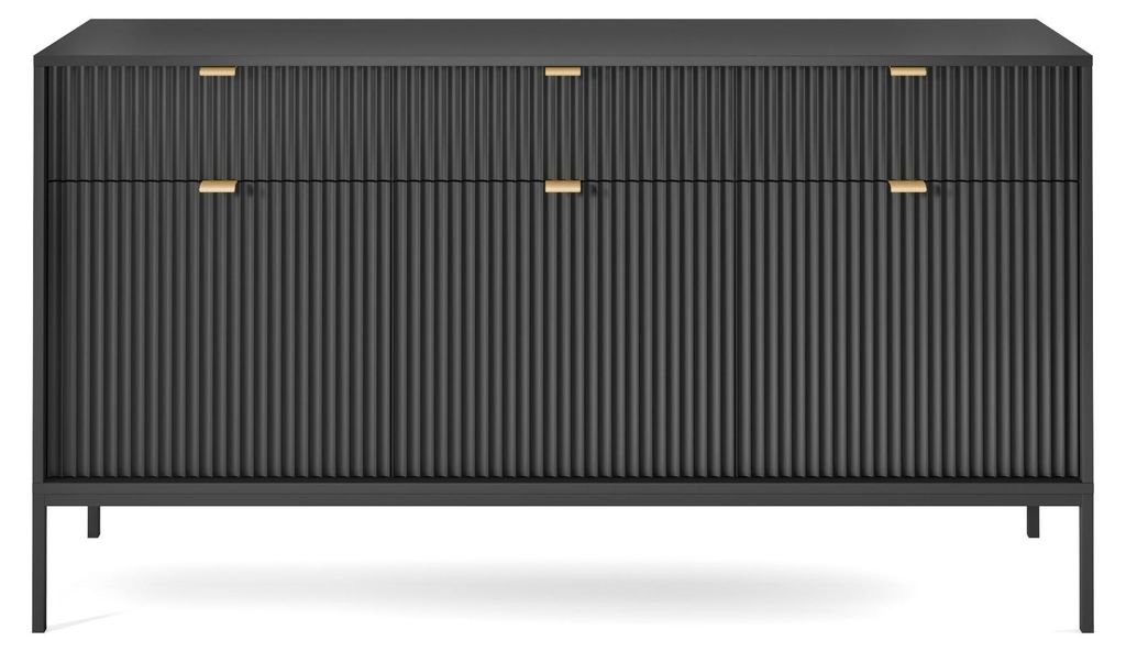 Möbae Lumina KSZ154 Kommode Schwarz 154 cm – Sideboard modern, 3 Schubladen, 3 Türen, viel Stauraum, schwarze Beine