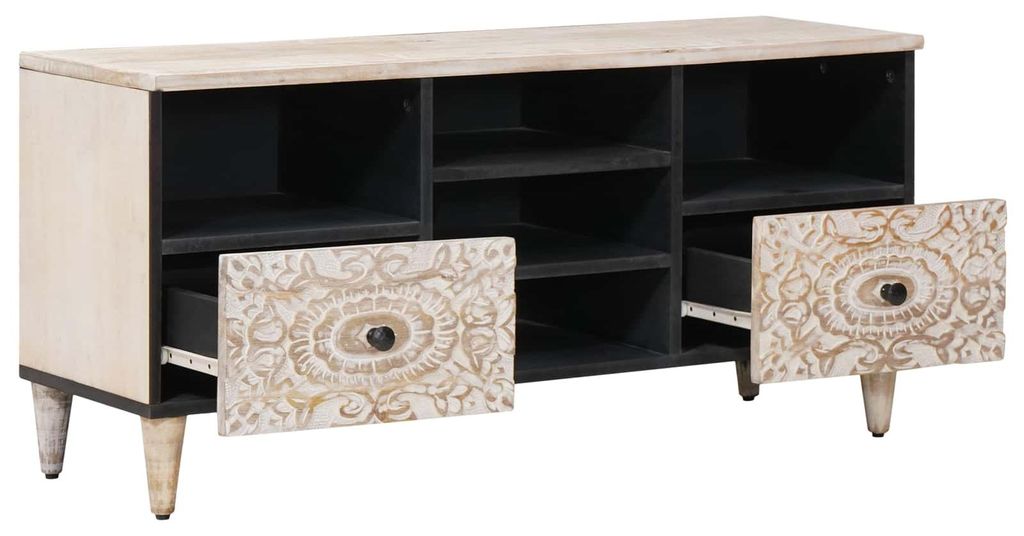 vidaXL TV-Schränk mit Regal Weiß 100 x 33,5 x 46 cm Massivholz Mango