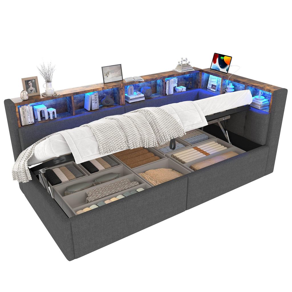 Stauraumbett mit LED-Beleuchtung, Lattenrost, Stauraum, Produktbild 