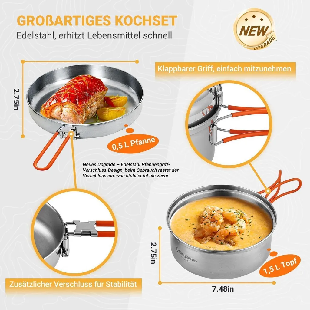 Camping Geschirr Set 22 Teile für 3 Personen Edelstahl &