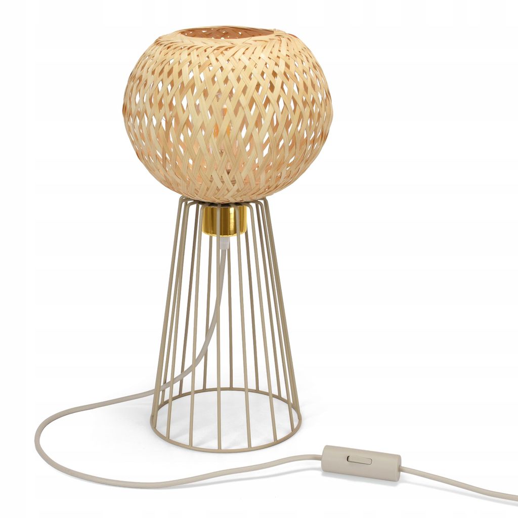 Luxolar Tischlampe aus Bambus-Schirm Beige-Grau E27 – LOFT Nachttischlampe mit schalter im Boho Design für Schlafzimmer, Wohnzimmer