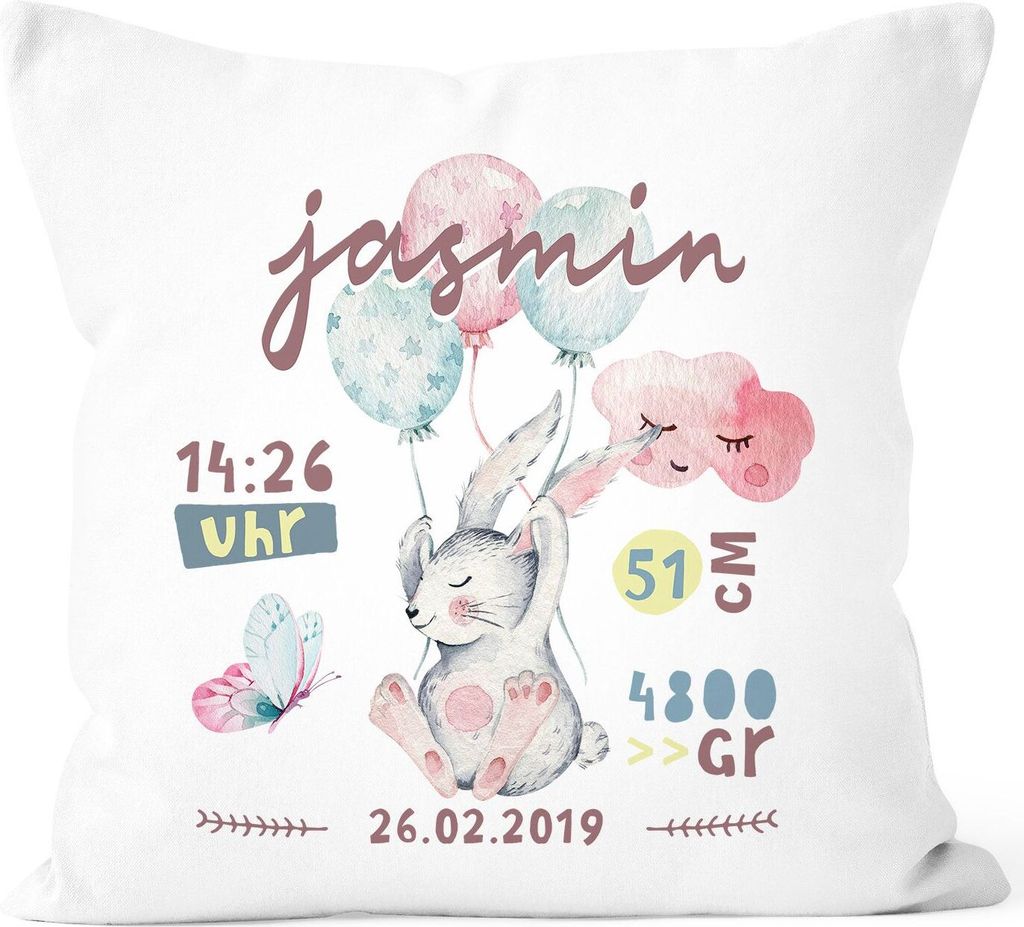 personalisierbares Kissen zur Geburt mit Hase, Geburtskissen, Namenskissen Geschenk Geburt Baby Mädchen Wunschname SpecialMe weiß unisize
