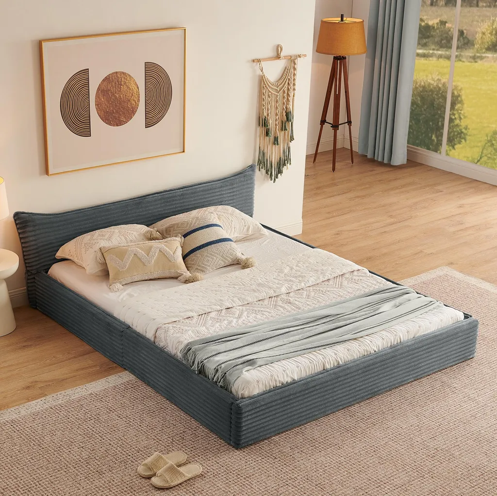Lit Capitonné 160x200 Chenille Grise - Structure Stable Bois et Métal