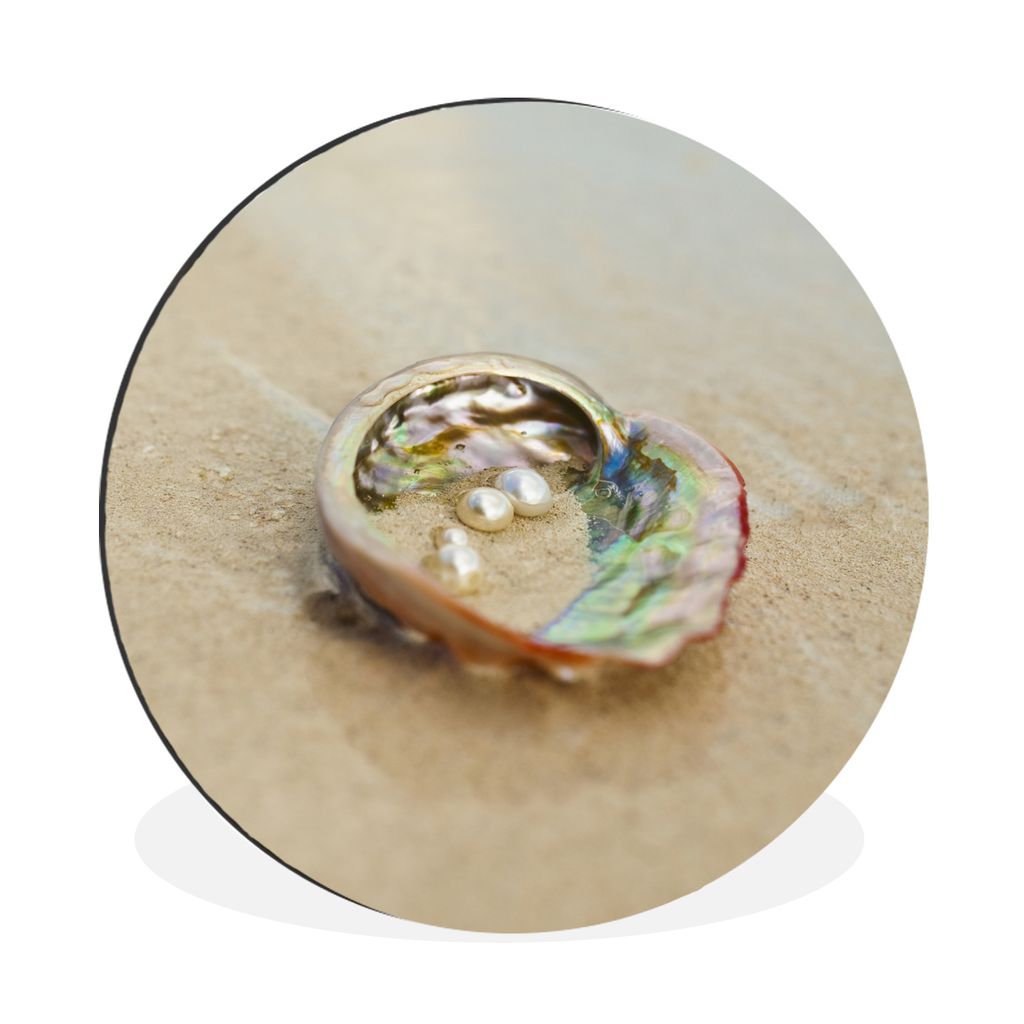 MuchoWow Aluminium Wandkreis Perlen in Austernschalen am Strand Ø 30 cm Wanddeko Modern Wohnzimmer - Wand Bild - Wohnzimmer - Runde Bilder - Alu...
