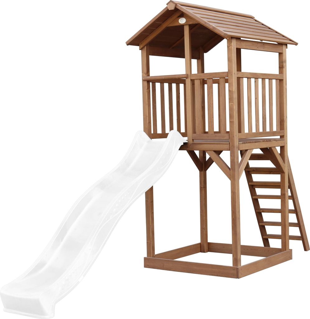 AXI Beach Tower Spielturm aus Holz in Braun | Spielhaus für Kinder mit weißer Rutsche und Sandkasten | Stelzenhaus für den Garten
