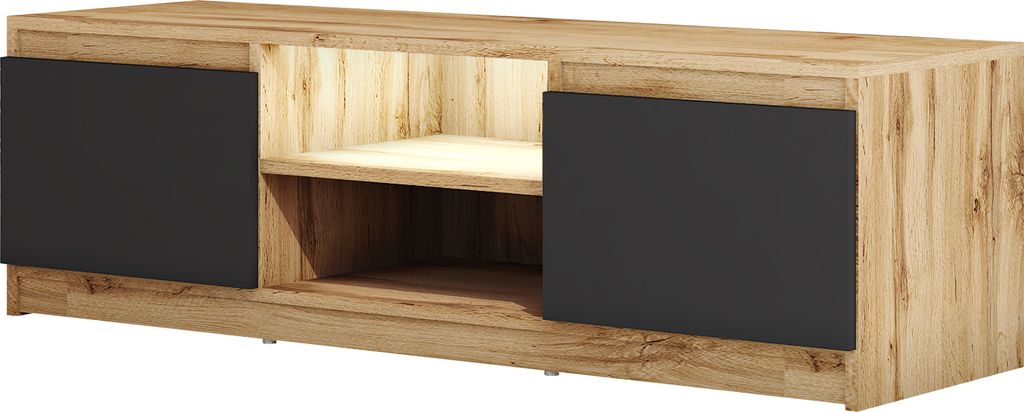 A lowboard TV stand with two black doors and an open shelf in the middle.