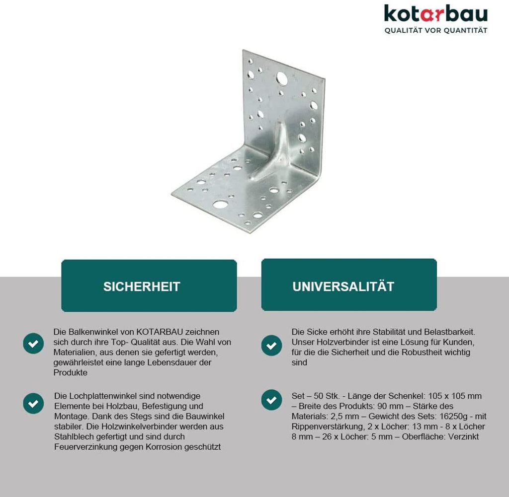 KOTARBAU Winkelverbinder 75 x 75 x 55 mm mit Rippe Sicke Lochwinkel Bauwinkel