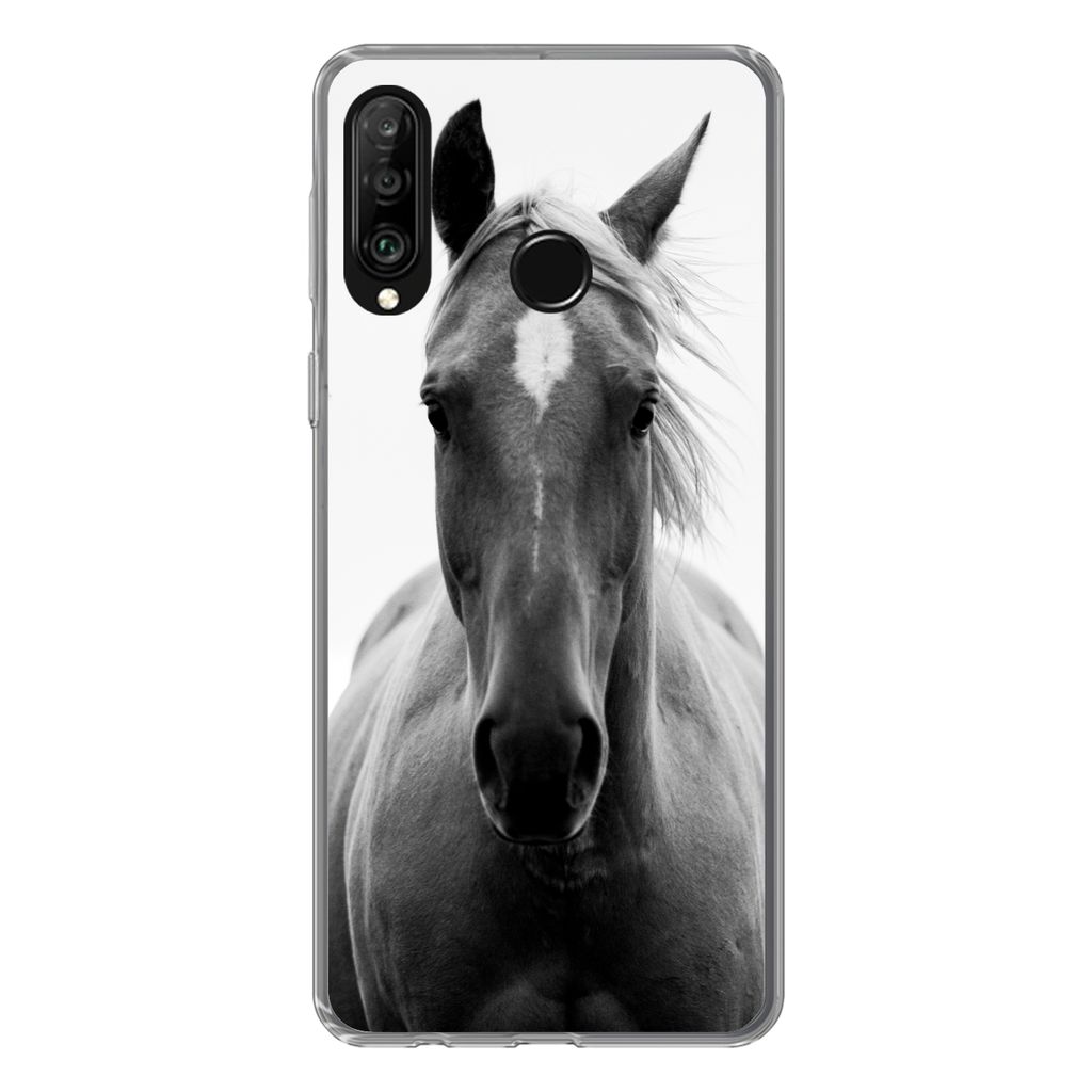 MuchoWow Handyhülle Schutzhülle Hülle für Huawei P30 Lite Pferd - Schwarz - Weiß - Porträt Silikon Softcase Handy Hülle - Handyhülle