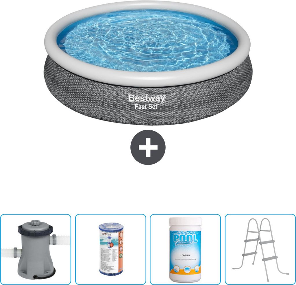 Bestway runder aufblasbarer Fast-Set-Pool – Rattan-Druck – 366 x 76 cm – inklusive Pumpe Filter - Chlor - Leiter