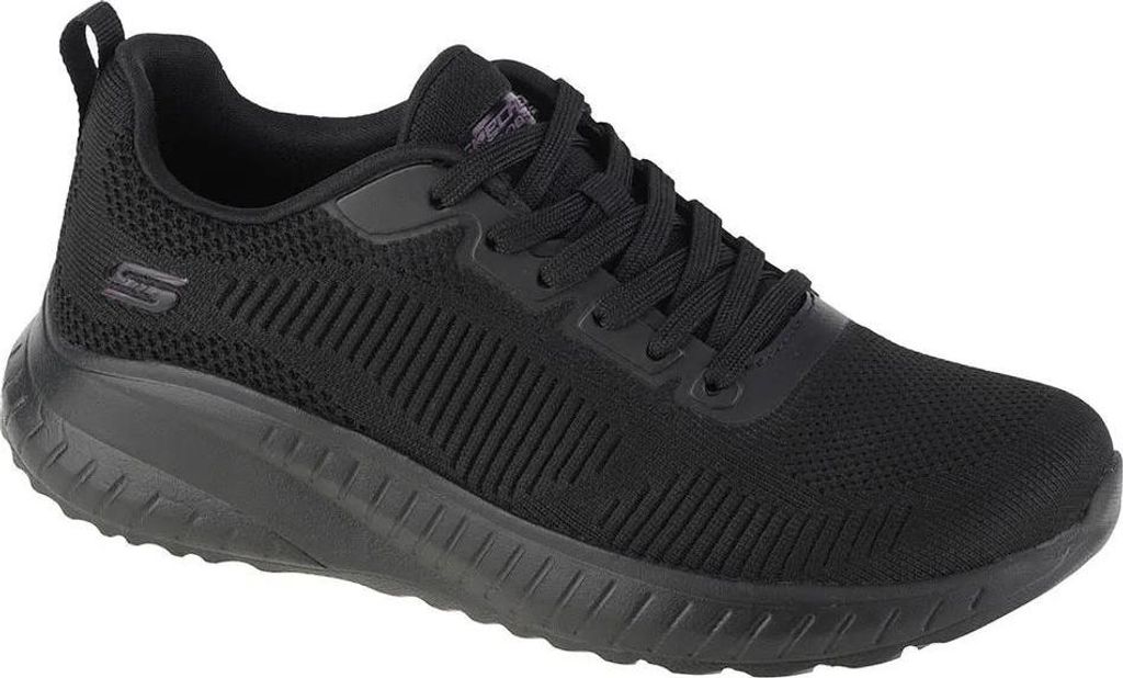 A black Skechers sneaker is shown from the side against a white background.