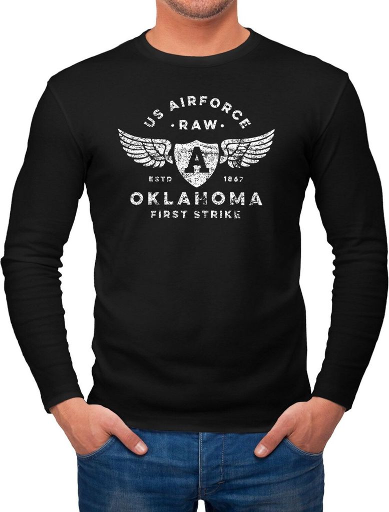 Herren Long-Sleeve Print US Airforce Oklahoma Aviator Vintage Langarm-Shirt Neverless schwarz XL