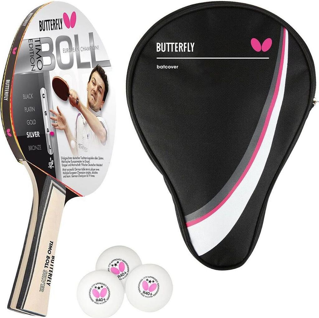 Butterfly 1x Timo Boll Silber 85015 Tischtennisschläger + Tischtennishülle Drive Case + 3x 40+ 3*** Tischtennisbälle