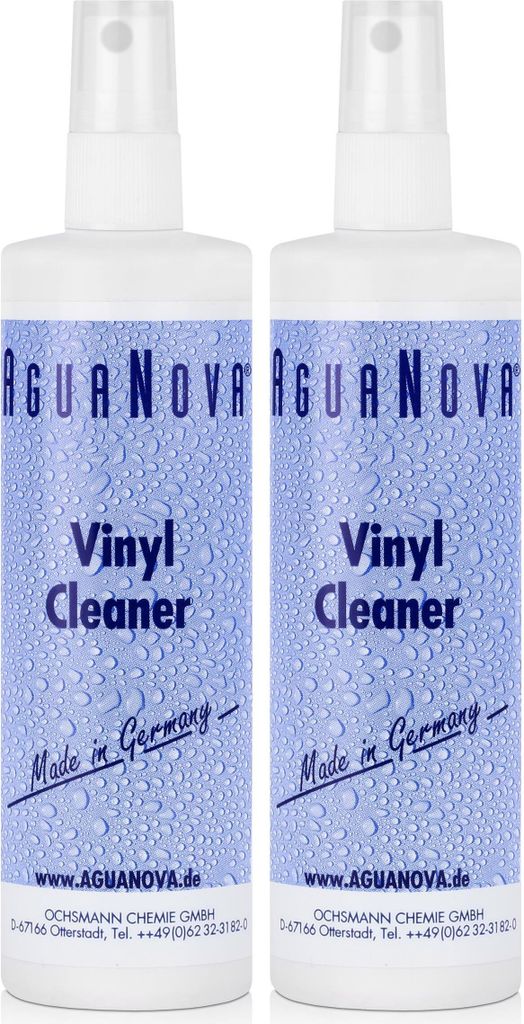 Two bottles of AguaNova Vinyl Cleaner with a blue, water droplet patterned label are shown against a white background.