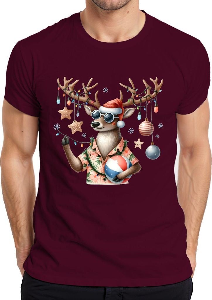 Cooles Rentier Sonnenbrille Strand Weihnachten Hawaii Hemd Urlaub Herren T-Shirt, Burgundy, XXL