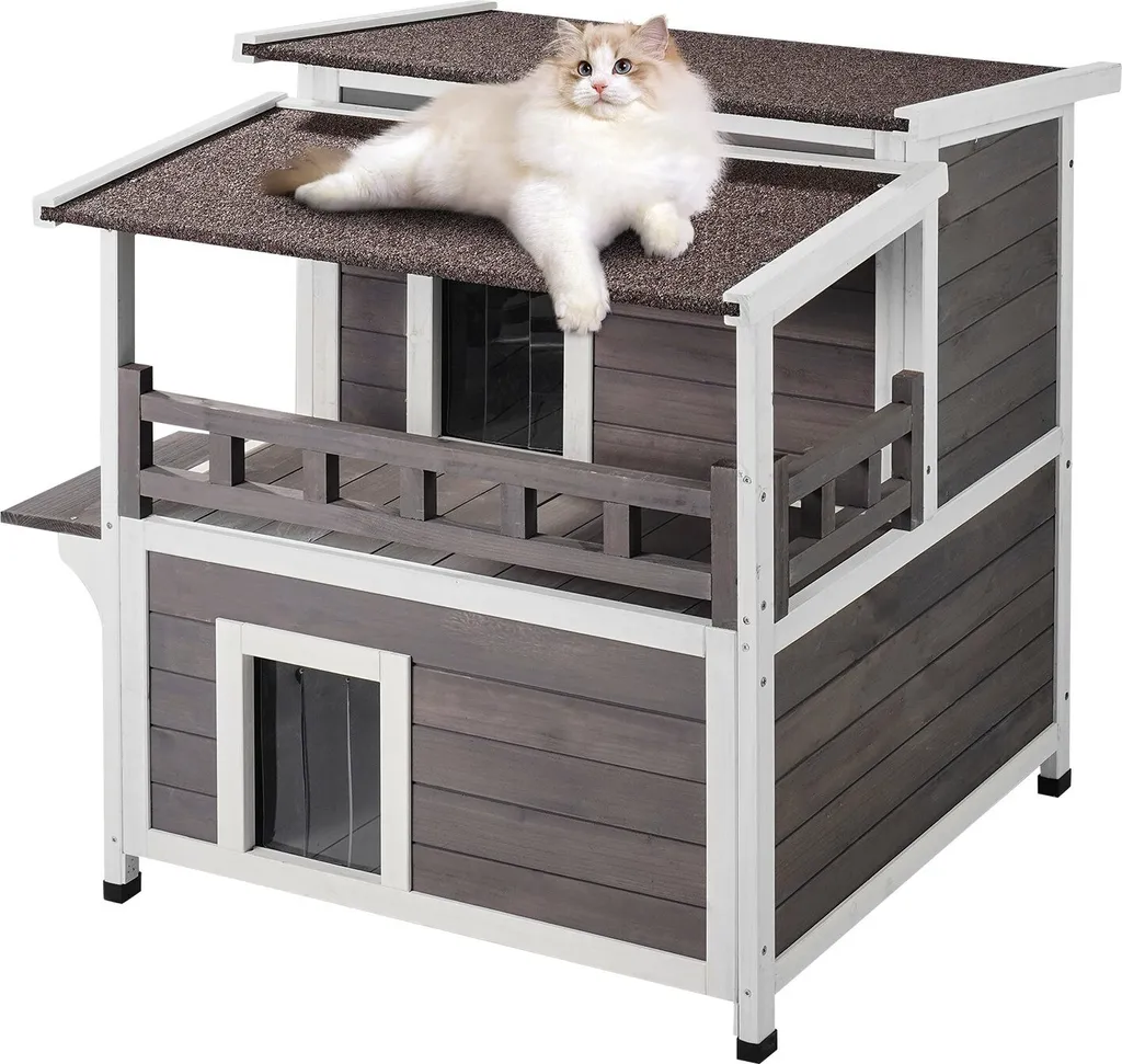 Cabane pour chat extérieur en bois à deux niveaux - Maisonnette 82cm