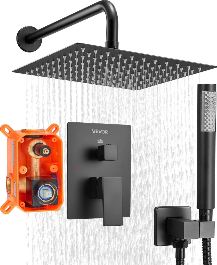 VEVOR Duscharmatur Regenduschsystem fürs Badezimmer Duschsystem mit 254 mm quadratischen Regenduschkopf & Handbrause, wandmontierte Badezimmerarma...